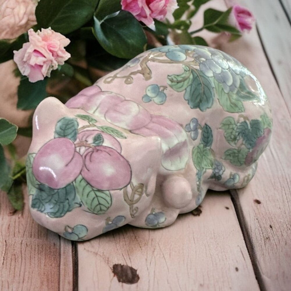 MCM Hand-Painted Chinoiseries Ceramic Sleeping Cat Figurine